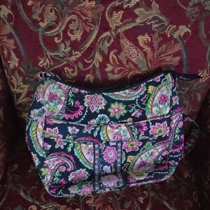Vera Bradley Navy Blue Quilted Paisley Shoulder Bag with Pink & Green Accents